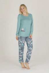 Yeşil Renk Kış Desenli Kış Desenli Teknur 53076 Kadın Termal Pijama Takımı - 1