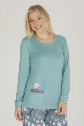 Yeşil Renk Kış Desenli Kış Desenli Teknur 53076 Kadın Termal Pijama Takımı - 2