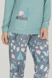 Yeşil Renk Kış Desenli Kış Desenli Teknur 53076 Kadın Termal Pijama Takımı - 3