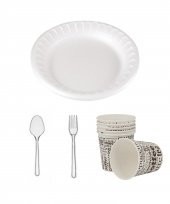 TEZYOLLA Yuvarlak Köpük Tabak + Karton Bardak + Kaşık + Çatal  4 Lü SET 10 Adet - 1