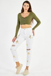Kadın Yüksek Bel Kabartma Yıldız Baskılı Yırtık Boyfriend Kot Pantolon - 4