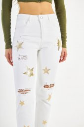 Kadın Yüksek Bel Kabartma Yıldız Baskılı Yırtık Boyfriend Kot Pantolon - 5