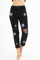Kadın Yüksek Bel Kabartma Yıldız Baskılı Yırtık Boyfriend Kot Pantolon - 8