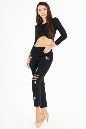Kadın Yüksek Bel Kabartma Yıldız Baskılı Yırtık Boyfriend Kot Pantolon - 9