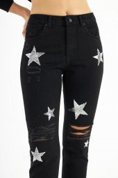 Kadın Yüksek Bel Kabartma Yıldız Baskılı Yırtık Boyfriend Kot Pantolon - 11