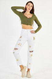 Kadın Yüksek Bel Kabartma Yıldız Baskılı Yırtık Boyfriend Kot Pantolon - 1