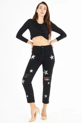 Kadın Yüksek Bel Kabartma Yıldız Baskılı Yırtık Boyfriend Kot Pantolon - 7
