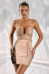 Kadın Somon Dantel ve Fermuar Detaylı Kuşaklı Yüksek Bel Deri Etek Ergü1505-8 - 1