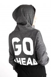 Kadın Antrasit Dont Look Back Ön Arka Yazı Baskılı Kapüşonlu Crop Sweatshirt 22KSWTDONT - 4