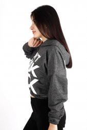 Kadın Antrasit Dont Look Back Ön Arka Yazı Baskılı Kapüşonlu Crop Sweatshirt 22KSWTDONT - 6