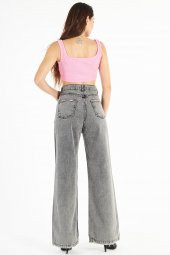 Kadın Açık Gri Yüksek Bel Bol Kesim Bol Paça Taşlanmış Palazzo Wide Leg Kot Pantolon - 7