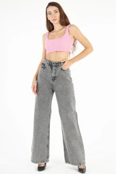 Kadın Açık Gri Yüksek Bel Bol Kesim Bol Paça Taşlanmış Palazzo Wide Leg Kot Pantolon - 3