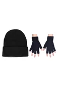 Unisex Siyah Kesik Eldiven ve Bere Set - 1