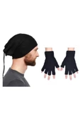 Unisex Siyah Kesik Eldiven Polar Bere Boyunluk Set - 1