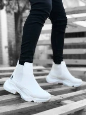 BA0444 Bağcıksız Rahat Yüksek Taban Beyaz Erkek Spor Yarım Bilek Bot thumbnail 2