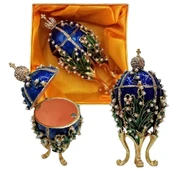 Faberge Yumurta Swarovski Taşlı Lüks Mücevher Kutusu Mavi 14 cm - 4