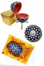 Faberge Yumurta Swarovski Taşlı Lüks Mücevher Kutusu Mavi 10 cm - 10