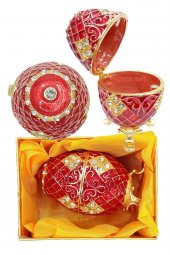 Faberge Yumurta Swarovski Taşlı Lüks Mücevher Kutusu Kırmızı 10cm - 9