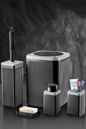 Çöp Kovası Tuvalet Fırçası Sıvı Sabunluk Diş Fırçalık Katı Sabunluk 5 Parça Kare Banyo Seti Siyah - 1