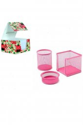 3 LÜ KALEMLİK SETİ METAL PEMBE PERFORE +KÜP NOT KAĞIDI - 1