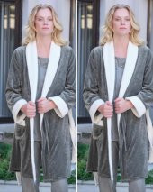 Bone Club 5511 Haki Kuzu Tüyü Kadife 3Lü Lohusa Pijama Sabahlık Tk thumbnail 1