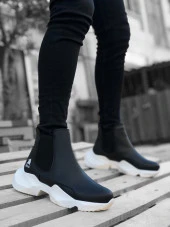 BA0444 Bağcıksız Rahat Yüksek Taban Siyah Beyaz Taban Erkek Spor Yarım Bilek Bot - 1