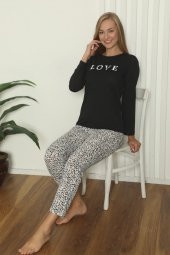 Siyah Renk Puantiyeli Onelight OL-10133 Kadın Kışlık Uzun Kol Pijama Takımı - 2