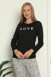 Siyah Renk Puantiyeli Onelight OL-10133 Kadın Kışlık Uzun Kol Pijama Takımı - 3