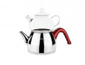 TANTİTONİ KIRMIZI KONİK ORTA BOY PASLANMAZ ÇELİK ÇAYDANLIK TAKIMI 980/1700ML - 1
