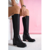 Kadın Sabina Siyah Cilt Topuklu Arka Dalgıç Kumaş Çizme - 2