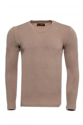 Bej V Yaka Baskısız Düz Sweatshirt - 1