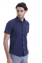 Kısa Kollu Terikoton Slim Fit Lacivert Erkek Gömlek - 4
