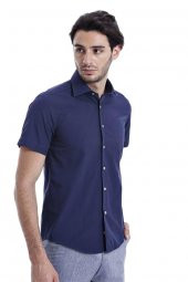 Kısa Kollu Terikoton Slim Fit Lacivert Erkek Gömlek - 6