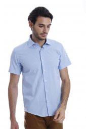 Slim Fit Kısa Kollu Terikoton Mavi Erkek Gömlek - 4