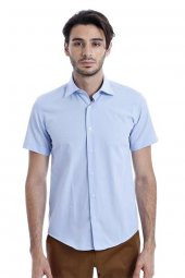 Slim Fit Kısa Kollu Terikoton Mavi Erkek Gömlek - 5