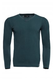 Yeşil V Yaka Baskısız Düz Sweatshirt - 1