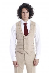 Krem Erkek Yelek Pantolon Takım - 1