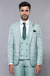 Ekose Ceket Su Yeşili Yelekli Takım Elbise Wessi - 7