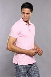 Polo Yaka Düz Pembe T-shirt  Wessi - 3