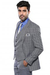 Ekose Lacivert Desen Slim Fit Yelekli Takım Elbise  Wessi - 2