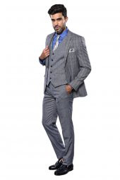 Ekose Lacivert Desen Slim Fit Yelekli Takım Elbise  Wessi - 1