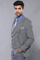 Ekose Lacivert Desen Slim Fit Yelekli Takım Elbise  Wessi - 3
