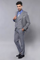 Ekose Lacivert Desen Slim Fit Yelekli Takım Elbise  Wessi - 5