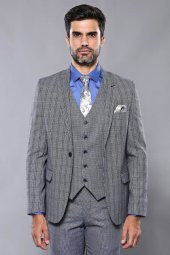 Ekose Lacivert Desen Slim Fit Yelekli Takım Elbise  Wessi - 7
