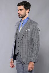 Ekose Lacivert Desen Slim Fit Yelekli Takım Elbise  Wessi - 8