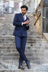 Kruvaze Slim Fit Lacivert Erkek Takım Elbise - 1