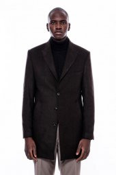 Geniş Yaka Diz Üstü Kahverengi Erkek Palto - 6