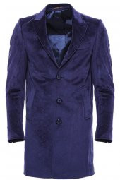 Sivri Yaka Diz Üstü Mavi Erkek Palto - 2