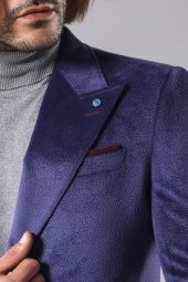 Sivri Yaka Diz Üstü Mavi Erkek Palto - 1