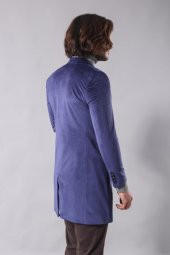 Sivri Yaka Diz Üstü Mavi Erkek Palto - 4